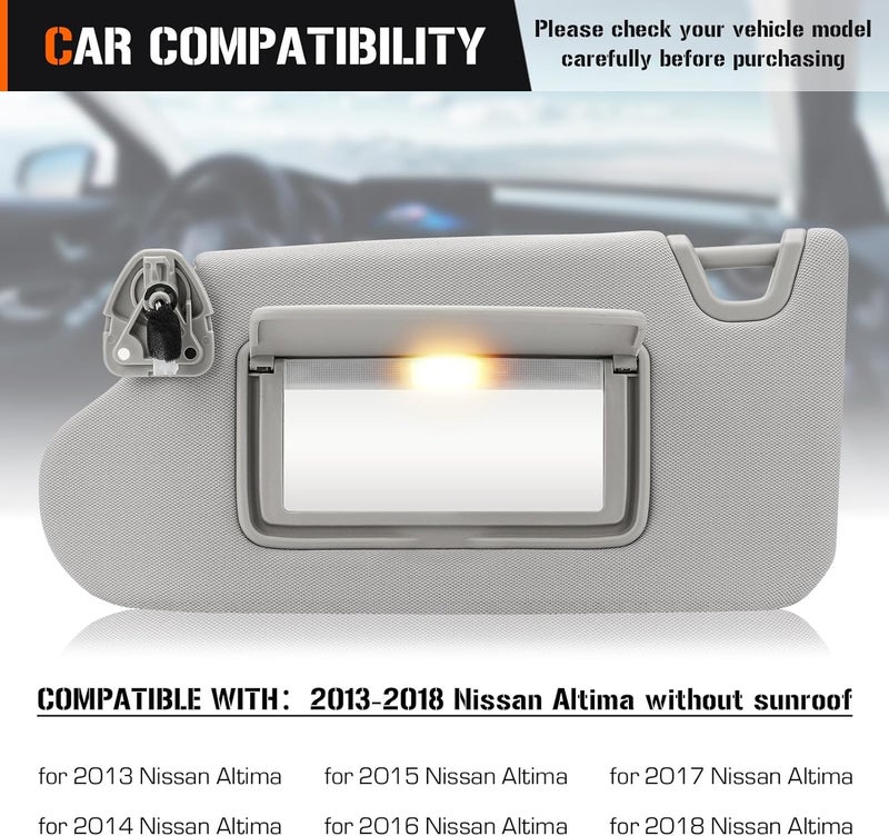 AEagle Sun Visor with Vanity Light for 2013-2018 Nissan Altima Without Sunroof, Left Driver Side Gray Sunvisor Replacement 96401-3TA2A - Image 3